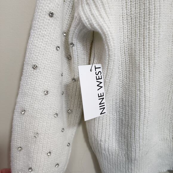 Nine West NWT daisy dew jeweled white knit sweater‎ woman's size medium - Picture 8 of 10